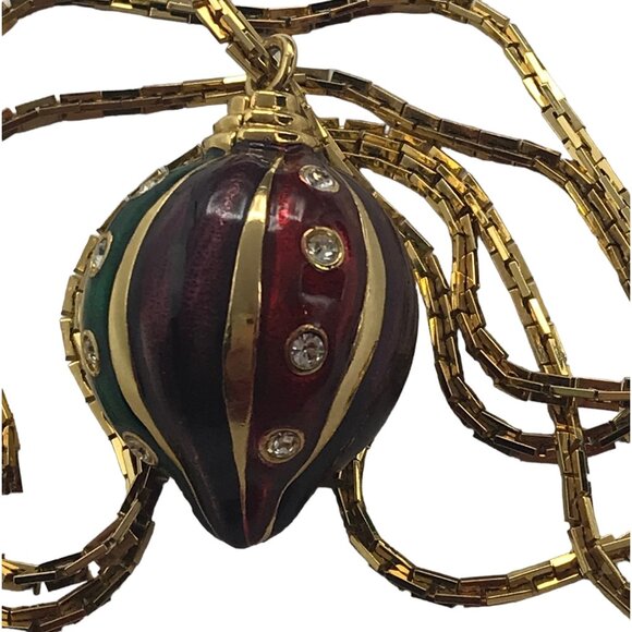 Gold Tone Red Purple Green Enamel Clear Rhinestone Orb Ornament Pendant Necklace - Picture 3 of 6